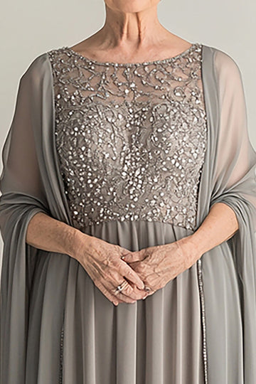 Elegant Sliver A-Line Scoop Lang Chiffon Kjole Av Brudens Mor med Blonder Appliques